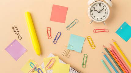 Flat Lay of Pastel Stationery and Alarm Clock on Cream Background
