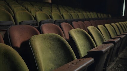 Fototapeta premium Old seats covered in moss from an abandoned cinema