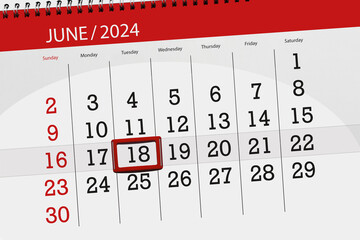 Calendar 2024, deadline, day, month, page, organizer, date, June, tuesday, number 18