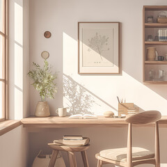 Elevate Your Workday in a Serene Sunlit Home Office with Warm Wooden Accents and Artful Decor
