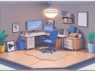 Isometric Home Office with Ergonomic Design 3D_Anime Style