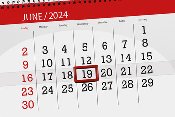 Calendar 2024, deadline, day, month, page, organizer, date, June, wednesday, number 19