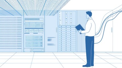 Image of data flowing from a manual through the air to a notebook in the hands of a technician standing beside a data center.