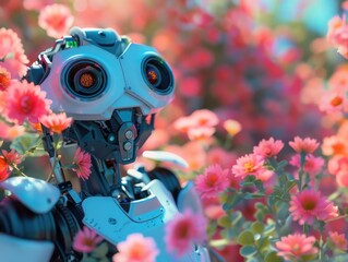 Cyborg profile with floral background: A fusion of technology and natural beauty