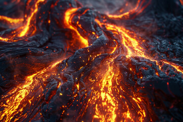 Textured surface of molten lava, featuring glowing orange hues and flowing streams. Molten lava textures offer a dramatic and intense backdrop