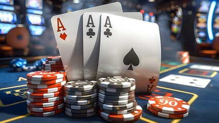 Two aces on a table with colorful chips casino setting with smoke. Concept Casino Aces, Colorful Chips, Table Setting, Smoke Effect, Gambling Atmosphere
