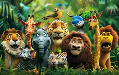 a group of animals in one frame in a cartoon style