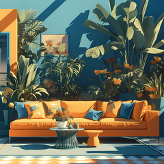 Luxurious Brightly Colored Orange Living Room Interior with Plants and Blue Accents