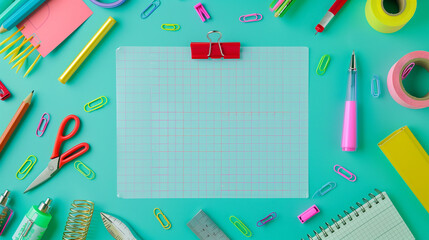 Flat Lay of Pastel Office Supplies Around Blank Grid Paper on Teal Background