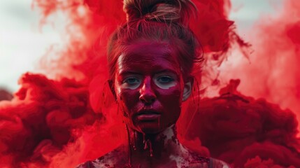 Woman in red paint resembling blood against a background of red smoke. Art concept.