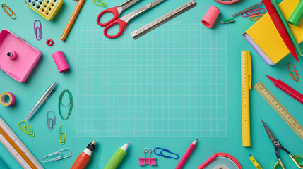 Flat Lay of Pastel Office Supplies Around Blank Grid Paper on Teal Background