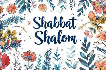 Shabbat Shalom or Shabbat of peace in Hebrew. Hand written text on colorful background with a lot of leaves and flowers. Hand lettering typography for greeting card, banner, decoration, poster.