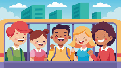 A group of students laughing and chatting as they ride the bus to school collectively reducing traffic congestion in their city.