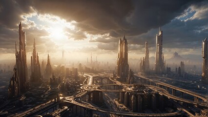 A bustling metropolis filled with towering skyscrapers and futuristic architecture - obrazy, fototapety, plakaty