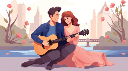 Lovely couple sitting on bench and playing guitar.