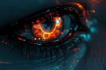 Capture a cybernetic eye in haunting detail using photorealistic digital rendering techniques, infusing a sense of dread and mystery