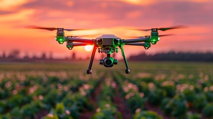 An advanced smart farming drone, equipped with green LED lights, flies over a lush green field, spraying pesticides at sunset, illuminating the crops with advanced agricultural technologies. - obrazy, fototapety, plakaty
