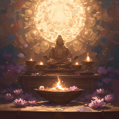 Sunlit Meditation Mural: A Serene Blend of Spirituality and Art