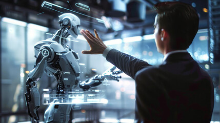 A man standing confidently next to a sleek, futuristic robot in a room filled with technological gadgets and screens - obrazy, fototapety, plakaty