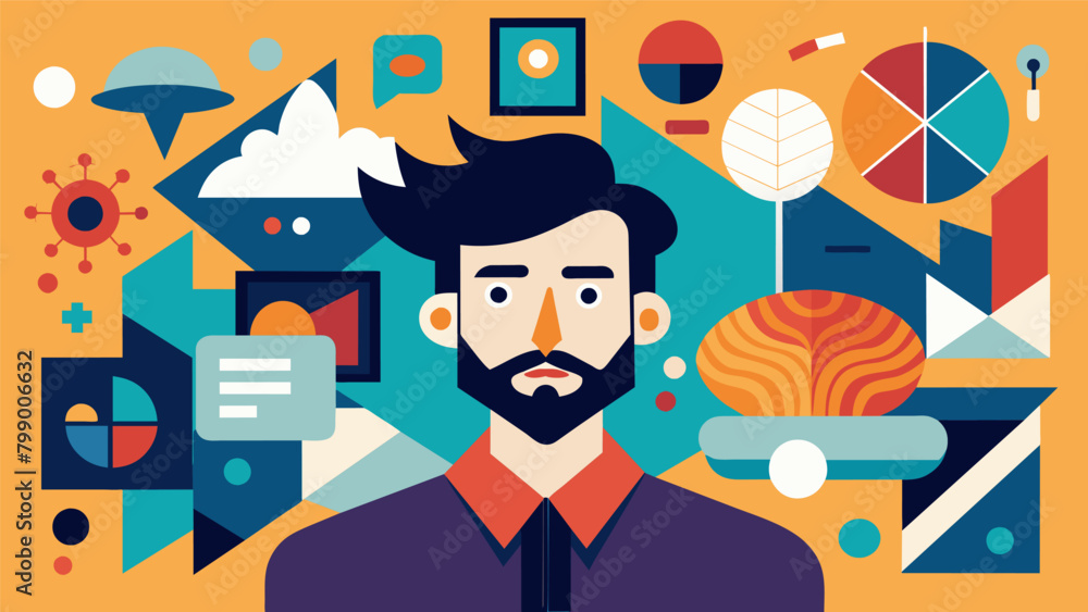 Poster a man surrounded by a collection of abstract artworks representing the complexity and depth of his t