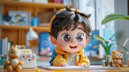 Bubble Mart super cute boy IP, Learning on the desk, dazzling, clay, model, blind box toy, delicate gloss, clean background,