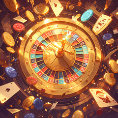 Bright and Colorful Roulette Game with Chips and Cards for a Joyful Gambling Experience