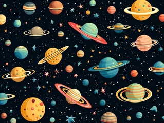 Fotobehang Astronautic crafts, planetary dance, nonstop pattern, flat vector, solid canvas ,  pattern vectors and illustration © Amina