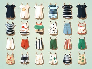 Beach apparel, mix and match, infinite pattern, flat vector, solid bg ,  childlike drawing
