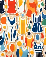Fotobehang Bikinis and onepieces, summer textile repeat, flat graphic, solid color ,  pattern vectors and illustration © Amina