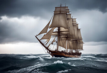 Fototapeta premium sailing classic adrift day ship stormy adventure ocean waves big travel art generative concept ai wind storm wave float cruise ghost naval mediterranean deck wood