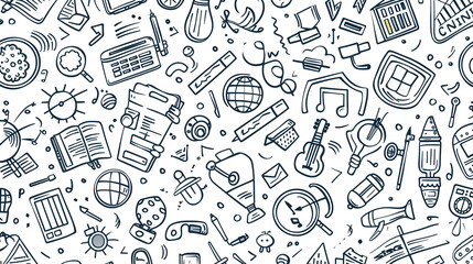 Black and White Seamless Pattern of School and Office Supplies Doodles