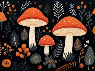 Fotobehang Critters among leaves, playful mushroom pattern, flat design, solid backdrop ,  seamless pattern © Amina