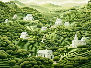 Fotobehang Cozy cottages, greenery maze, continuous design, flat graphic, white canvas ,  high resolution © Amina