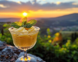 A golden Zabaglione in a vintage glass, garnished with fresh mint, backlit by a warm sunset over a Tuscan landscape - obrazy, fototapety, plakaty