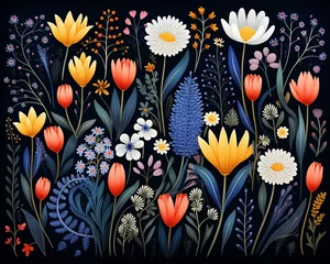 Fotobehang Cuddly rabbits, wildflowers, nonstop pattern, simple flat, solid bg ,  cute hand drawn © Amina