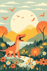 Dino frolic, serene setting, nonstop motif, flat graphic, solid color background ,  cute hand drawn