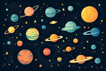 Galactic exploration, rockets and rings, flat motif, solid color base ,  cute hand drawn