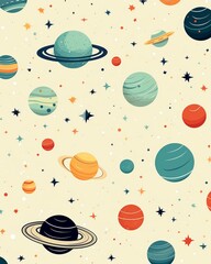 Rockets and planets, cosmic pattern, flat vector, solid bg ,  repeating pattern - obrazy, fototapety, plakaty