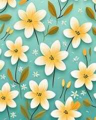 Sunshine blossoms, teal leaves, seamless floral, flat vector, solid bg ,  cute hand drawn - obrazy, fototapety, plakaty