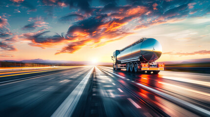 A majestic tanker truck gracefully navigates the open highway at sunset, carrying precious petroleum products to their destination