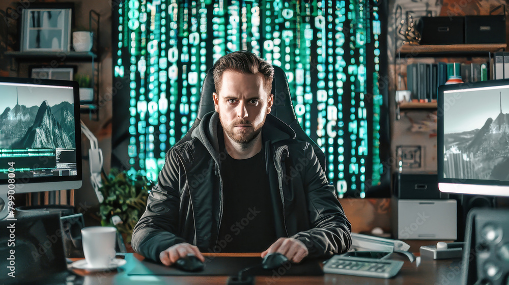 Poster a man sitting at a desk, intensely focused on the computer screen, typing rapidly as he hacks throug