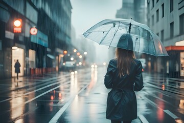 umbrella walking in rainy day - obrazy, fototapety, plakaty