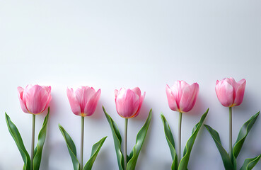 Tulips flowers. Pink tulips flowers on white background, Beautiful spring background, Valentine's Day, Birthday, Happy Women's Day, Mother's Day, copy space