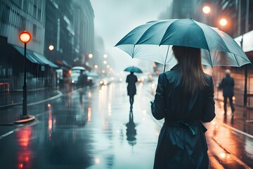 umbrella walking in rainy day - obrazy, fototapety, plakaty