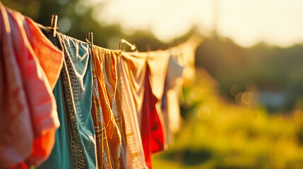 A colorful array of freshly washed laundry, including linens and clothes, swaying gently in the breeze on a clothesline - Powered by Adobe