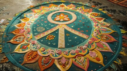 Commemorative sand mandala with peace symbol for Nuclear Test Ban Day. International Day Against Nuclear Tests, August 29