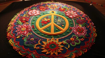 Sand mandala featuring peace sign commemorates International Day against Nuclear Tests. International Day Against Nuclear Tests, August 29