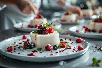 Rustic Italian kitchen scene with chefs plating Panna Cotta, garnished with fresh berries and mint, cozy ambiance - obrazy, fototapety, plakaty