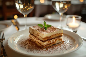 Romantic dinner setting in an Italian trattoria, Tiramisu served as a sweet finale, candlelit, intimate, focus on dessert details - obrazy, fototapety, plakaty