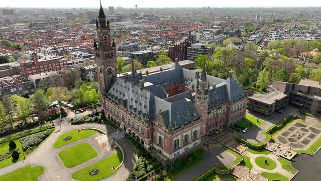 Aerial view of The Peace Palace (Vredespaleis) in The Hague , Netherlands. Building of International Court of Justice in Den Haag, Holland. Netherlands, Europe from above